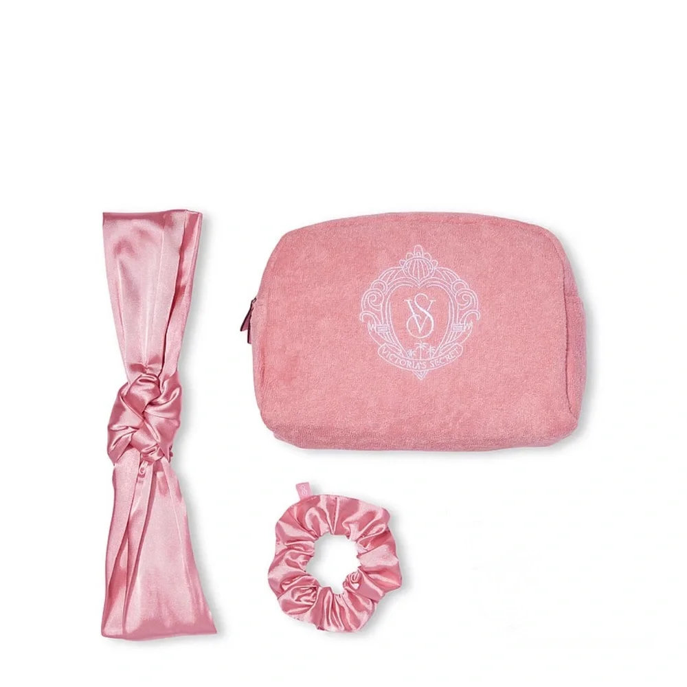 Victoria's Secret Terry Monogram Pink Cosmetic Make-up Bag Headband & Scrunchie
